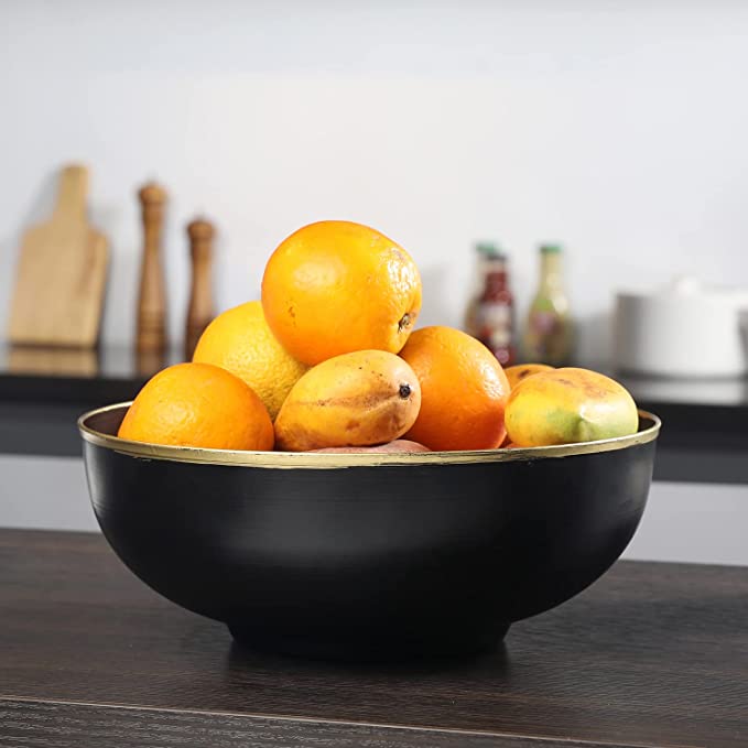 Black Metal Home Decor Decorative Bowl, 10 Inch Decorative Fruit Bowl with Gold Rim-MyGift