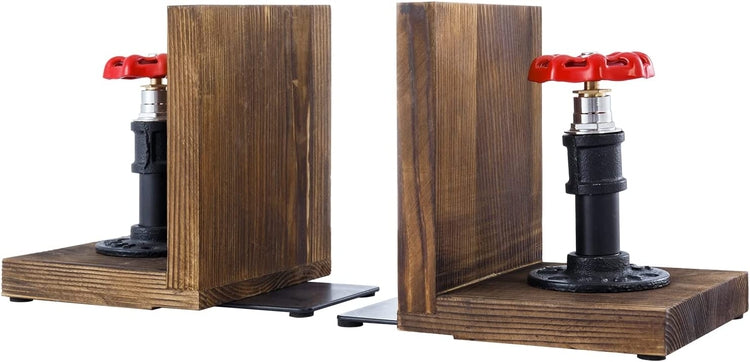 Industrial Decorative Bookends, Valve and Pipe Sculpture with L-Shaped Wood Tabletop Book Holder, 1 Pair-MyGift