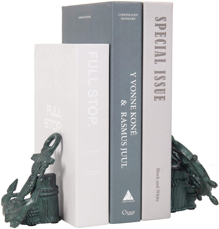 Teal Cast Iron Decorative Bookends with Nautical Sculptural Anchor and Helm Design, Heavy Duty Book Stand, 2 Piece Set-MyGift