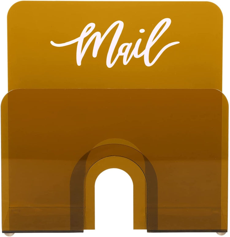Tabletop Amber Tinted Acrylic Mail Holder Sorter, Desk Organizer with Decorative White Cursive MAIL Lettering-MyGift