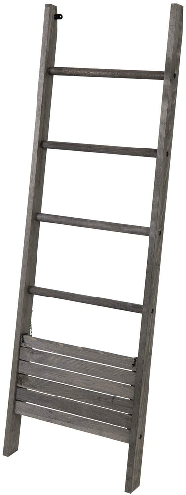 Vintage Gray Solid Wood Wall Leaning Towel or Blanket Ladder Display Rack with Bottom Storage Shelf-MyGift