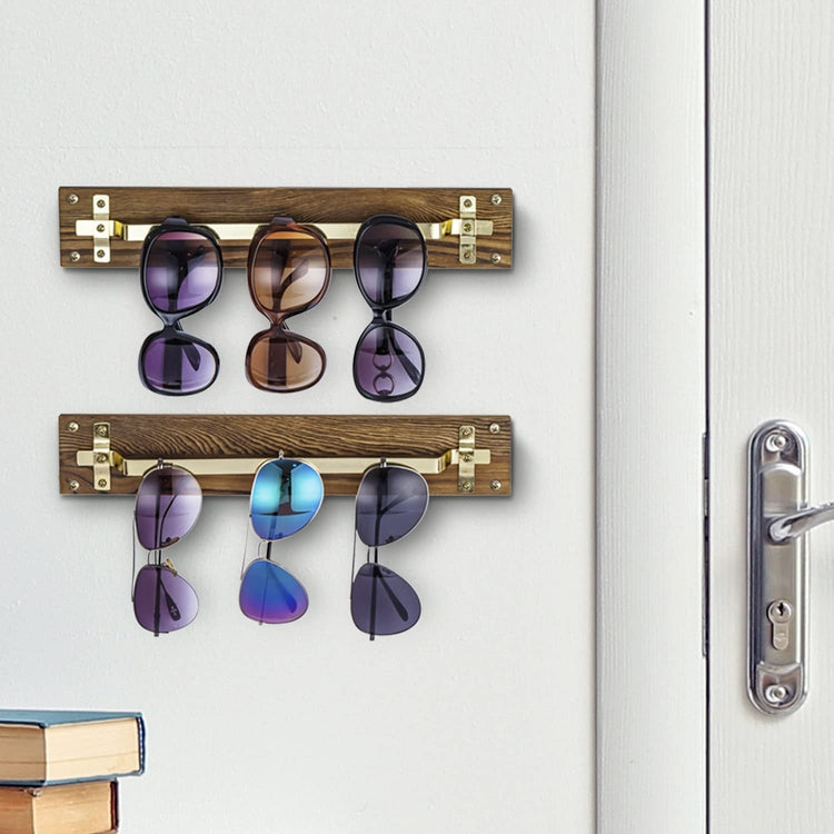 Set of 2, Burnt Wood and Brass Metal Wall Mounted Sunglasses Holder Hanger Display Organizer Rack-MyGift
