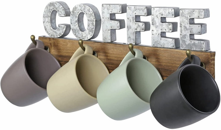 Wall Mounted Coffee Mug Rack with 8 Hooks, Rustic Burnt Wood with Galvanized Silver Metal Hanging COFFEE Sign Cup Holder-MyGift