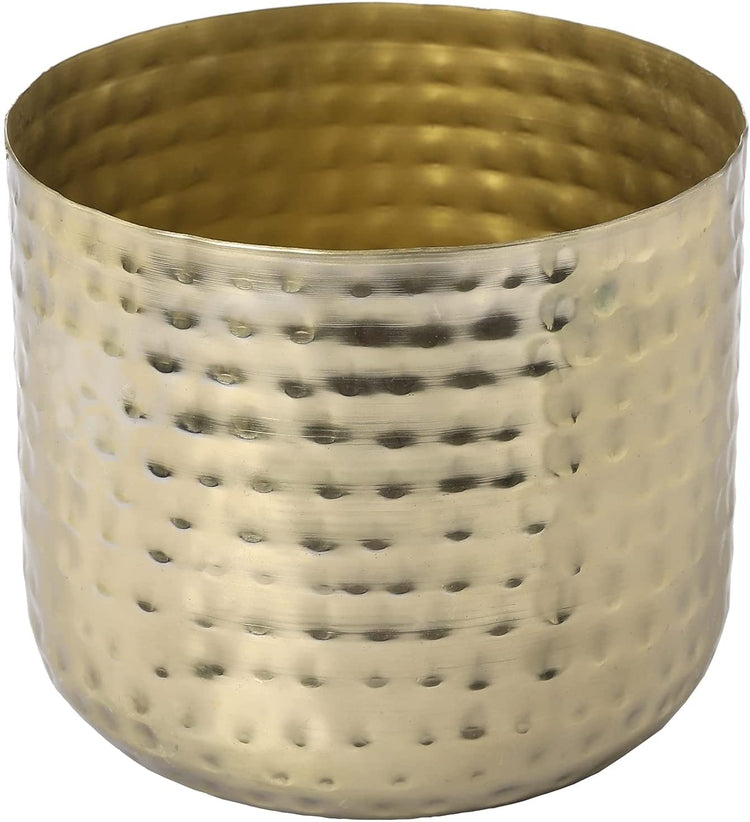 6-Inch Metal Planter Brass Tone Flower Pot with Hammered Texture, Succulent Planter, Cylindrical Indoor Plant Container-MyGift