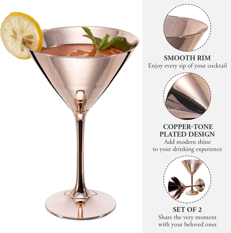 Set of 2, Copper Tone Martini Glasses, Elegant Metallic Plated Drinking Glass for Cocktail Party or Special Event-MyGift