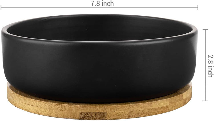 8 Inch Matte Black Ceramic Round Planter Pot with Bamboo Saucer Tray-MyGift