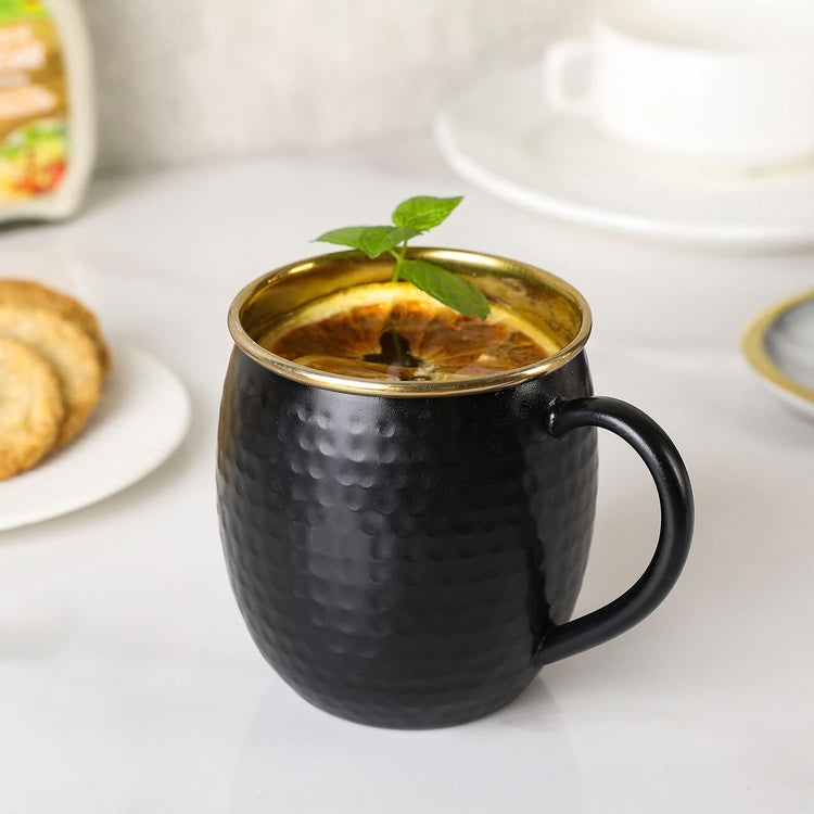 Set of 2, Hammered Pattern Black and Gold Tone Stainless Steel Moscow Mule Mugs-MyGift