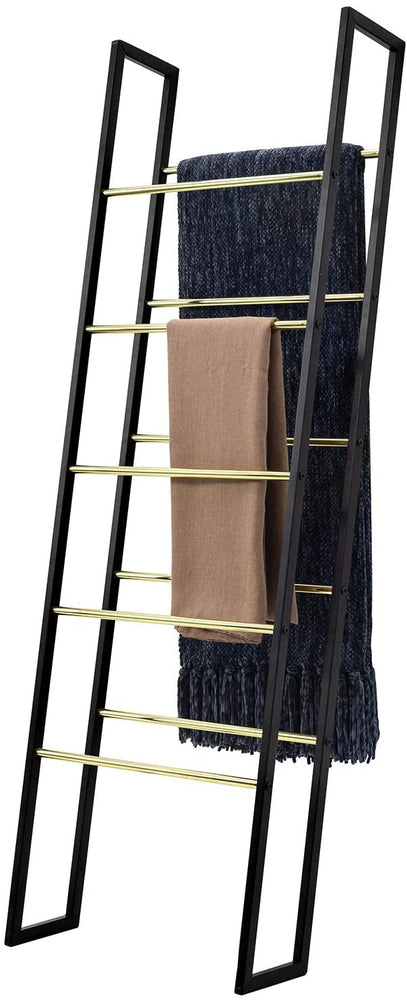 Black and Gold Tone Metal Towel Ladder Rack, Wall Leaning Blanket Holder-MyGift