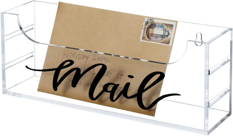 Clear Acrylic Mail Holder with Black Cursive "Mail" Label, Wall Mounted or Tabletop Mailbox, Letter Storage Box-MyGift