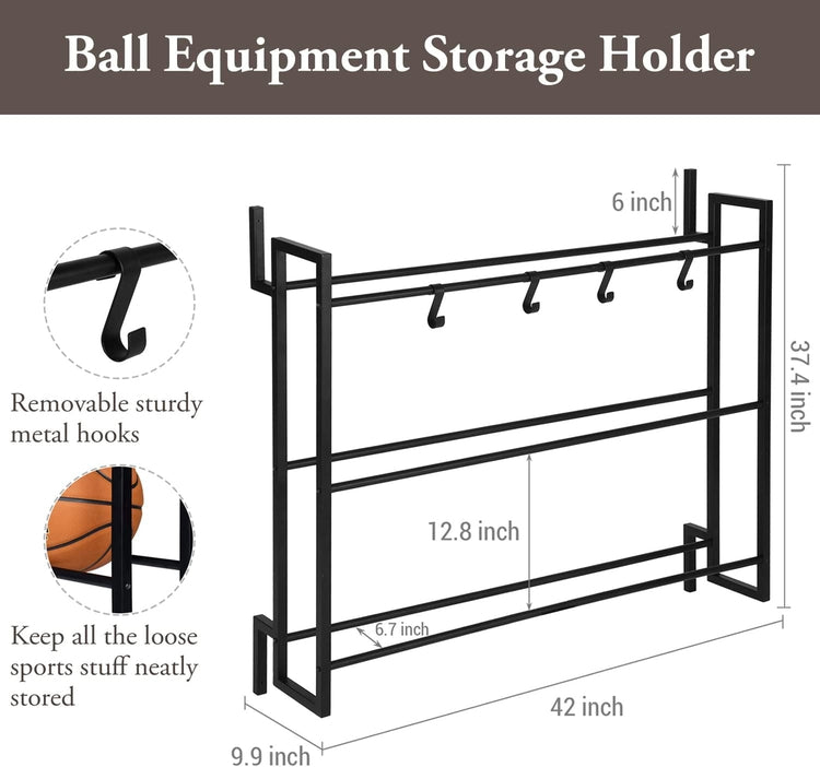 Matte Black Metal Wall Mounted Sports Ball Rack, Gym Exercise Equipment Storage Organizer Shelf Display with S-Hooks-MyGift