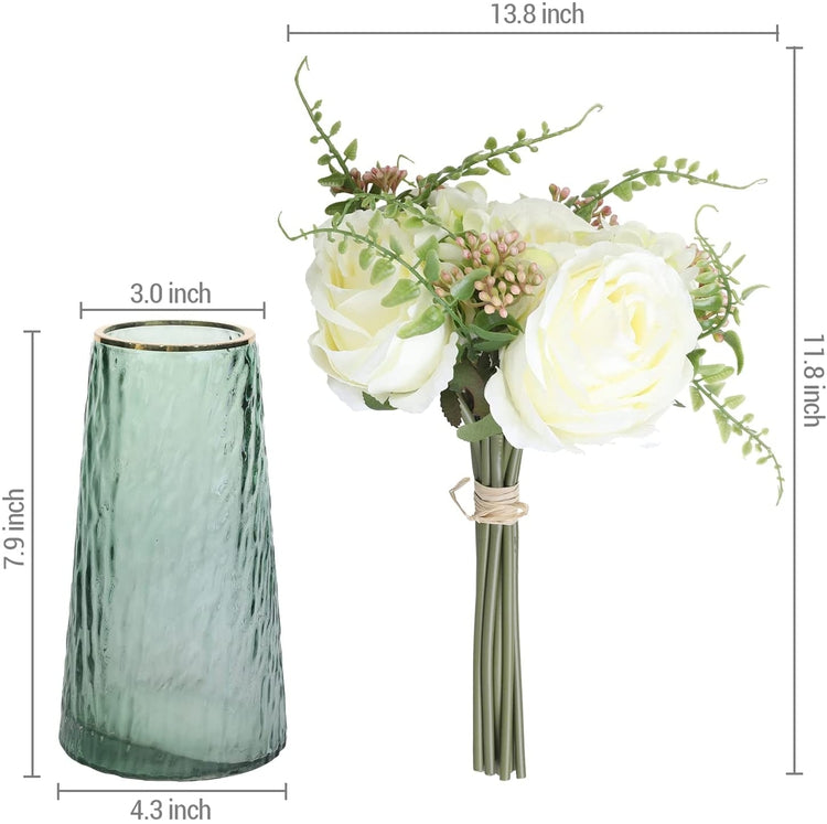 Artificial Roses Fake Flowers Bouquet with Green Tinted, Gold Rimmed Glass Vase-MyGift