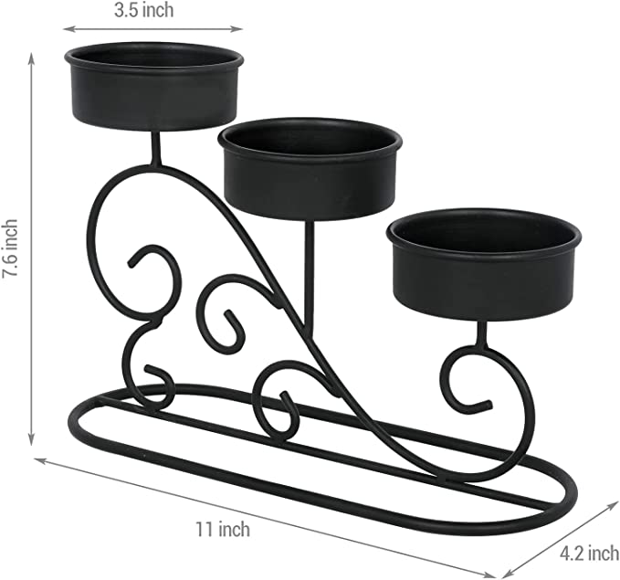 Tabletop Tiered Candelabra, Matte Black Metal Pillar Candle Holder with Vintage Scrollwork Design-MyGift