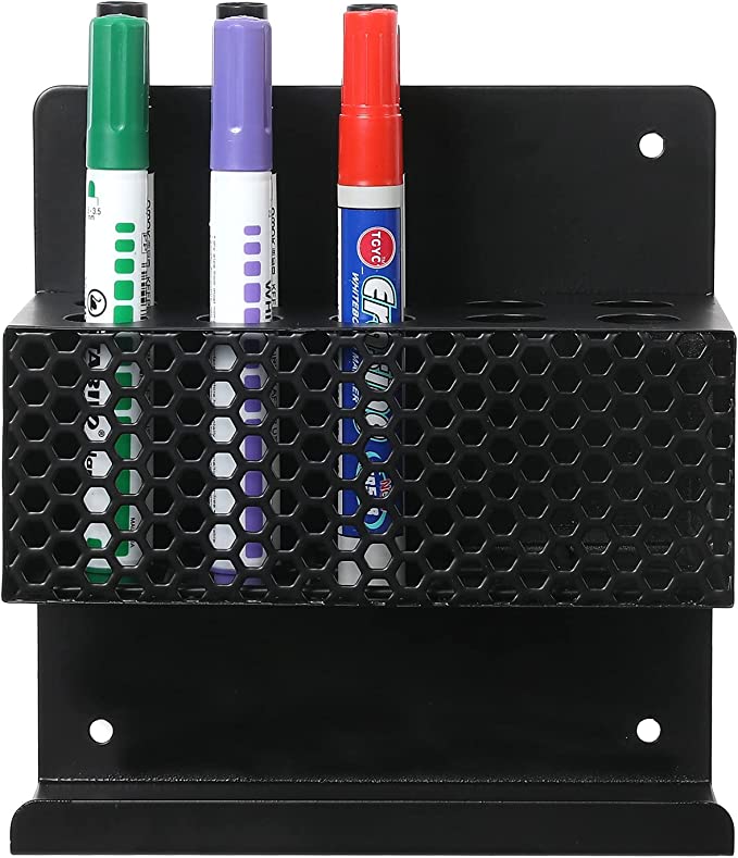 10 Slot Wall Mount Black Metal Dry Erase Marker Holder, Honeycomb Style Perforated Front Panel Office Rack-MyGift