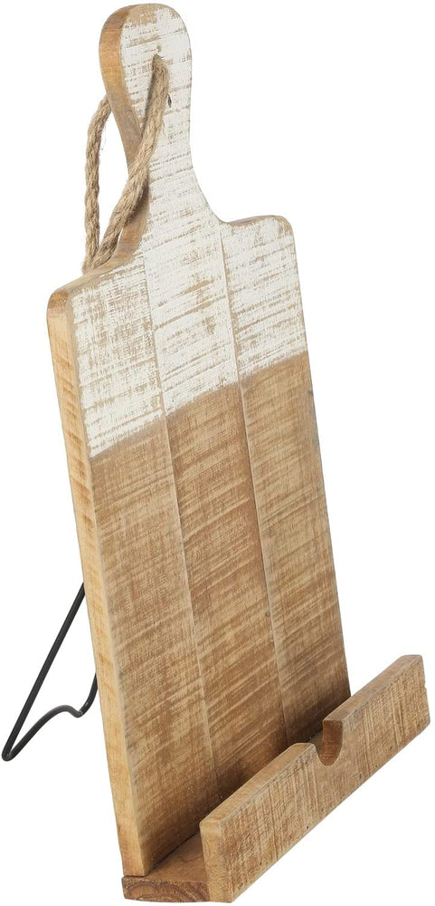 Cutting Board Shaped Cookbook Stand, Distressed Whitewashed Burnt Wood Recipe Book Holder, Countertop Tablet Easel Stand-MyGift