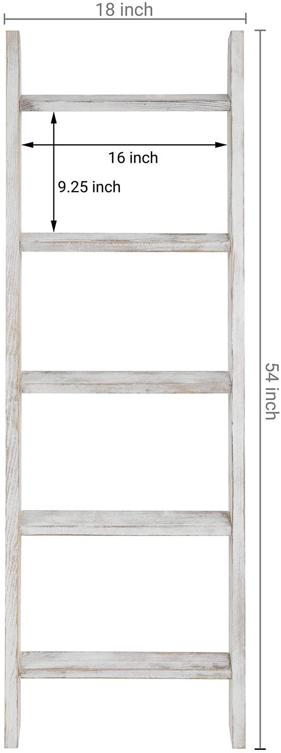 Whitewashed Wood Wall Leaning Towel & Blanket Ladder Rack-MyGift