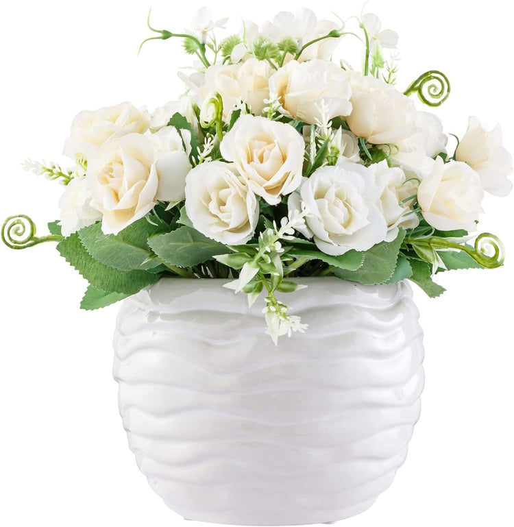 Fake Flower Arrangement in Vase, Artificial White Roses Bouquet with Round Ribbed Pattern Embossed White Ceramic Vase-MyGift