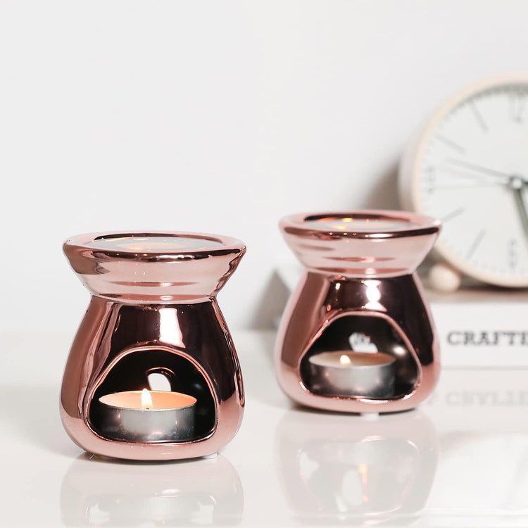 Set of 2, Copper Ceramic Essential Oil Diffuser, Wax Warmer Tealight Candle Holder with Stars and Moon Cutout Design-MyGift