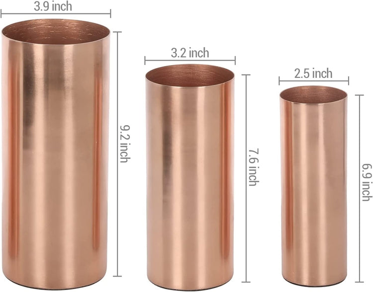 Tall Copper Tone Metal Cylinder Wedding Centerpiece Flower Vases, 3 Piece Set, Larger Assorted Sizes-MyGift