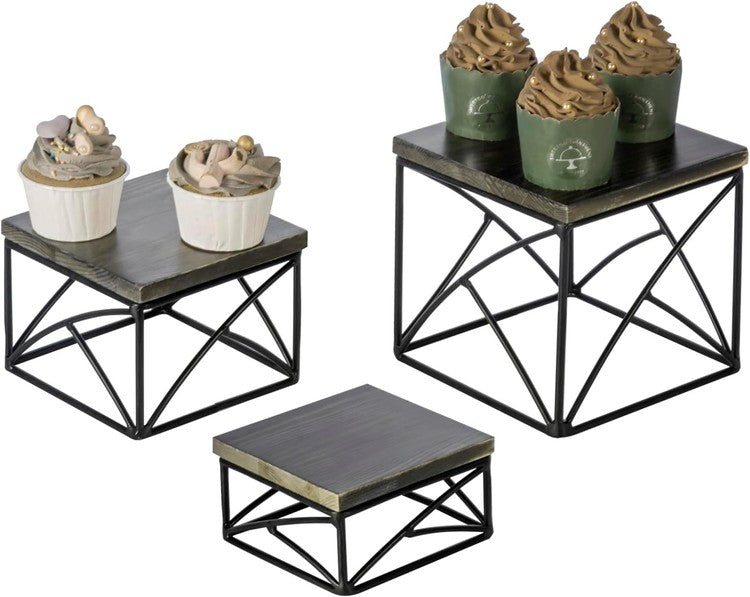 Gray Wood and Black Metal Nesting Tabletop Cupcake Riser, Cake Stand, and Food Display Rack, 3 Piece Set-MyGift