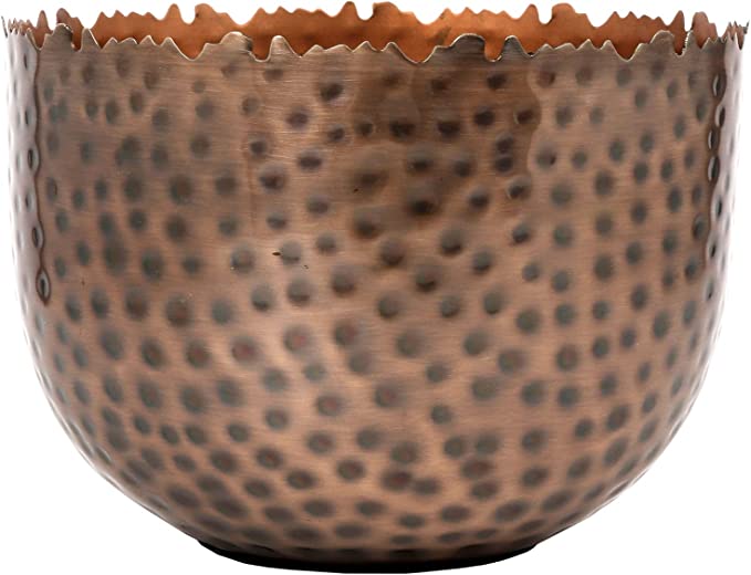 Antique Copper-Tone Metal Indoor Plant Pot with Hammered Design and Decorative Live Edge-MyGift