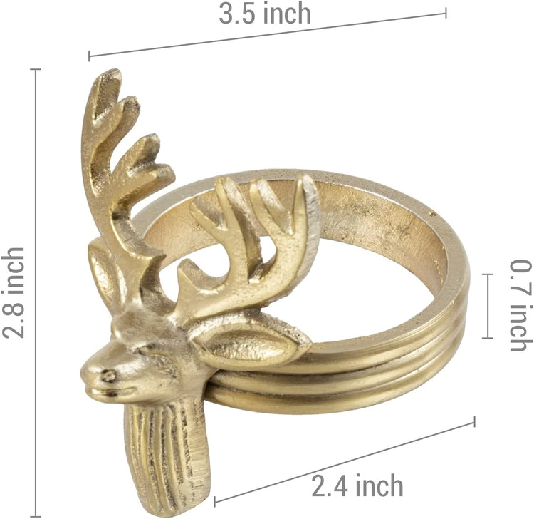 Set of 4, Deer Head Napkin Rings, Brass Tone Cast Aluminum Napkin Holders with Deer Design, Elk Cloth Serviette Holders-MyGift