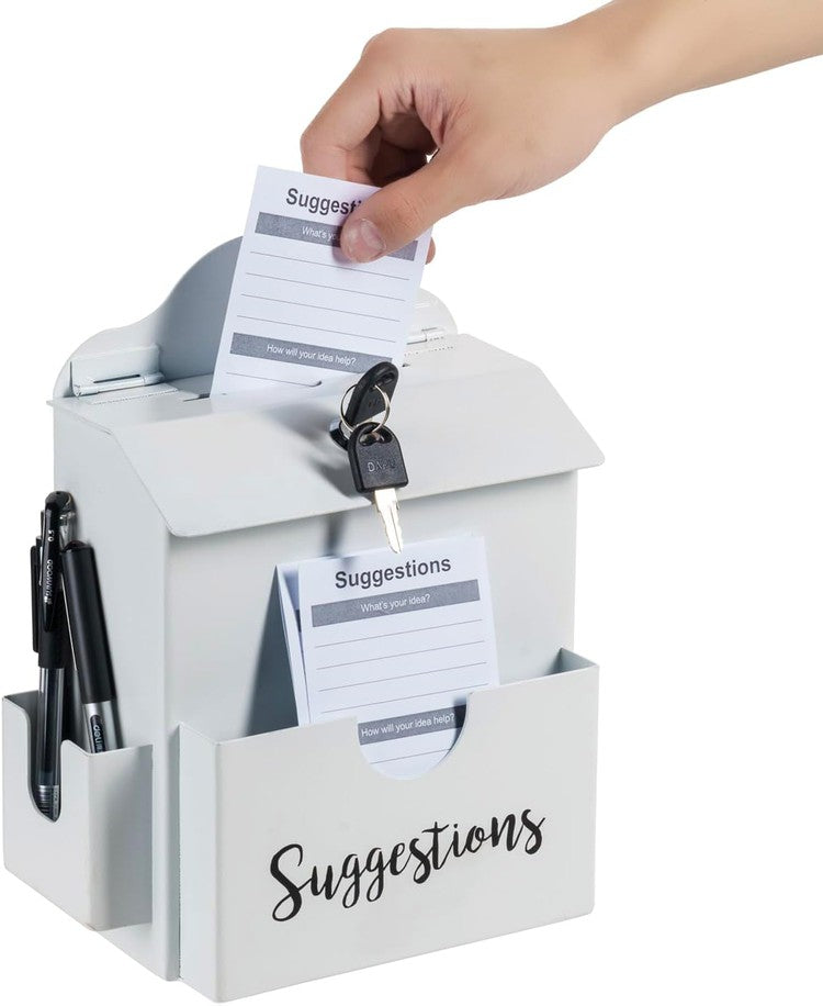 White Wall Mounted or Tabletop Lockable Comment Box, Paper Sheet Slot, Pen Holder, Top Lock and Keys-MyGift