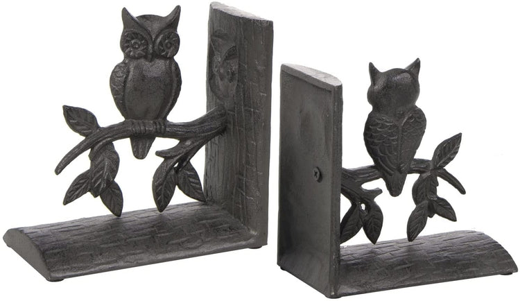 Dark Brown Cast Iron Decorative Bookends, Vintage Style Owl Sculpted Book Holders, 1 Pair-MyGift