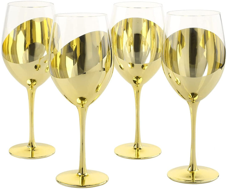 Set of 4, 14 oz Modern Tilted Design Brass Stemmed Wine Glasses-MyGift