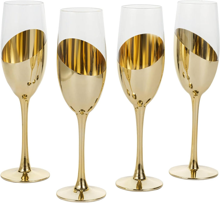 Set of 4, Brass Tone Metallic Plated Stemmed Champagne Flutes