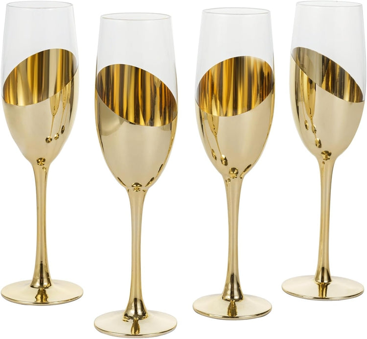 Set of 4, Brass Tone Metallic Plated Stemmed Champagne Flutes, Sparkling Wine Stemware, Toast Glasses with Angled Design-MyGift