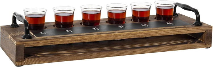 Tequila Shot Glass Liquor Flight Tasting Set Includes Burnt Wood Serving Tray with Chalkboard Panel and 6 Shot Glasses-MyGift