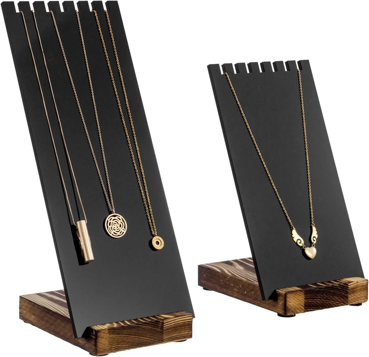 Black Acrylic Necklace Holder with Detachable Panel and Burnt Wood Base, Tabletop Jewelry Easel Stand Retail Display-MyGift