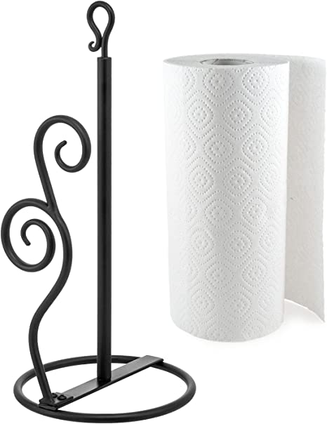 Matte Black Metal Kitchen Paper Towel Holder Dispenser Rack with Vintage Scrollwork Design-MyGift