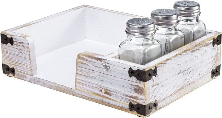 Whitewashed Wood Square Napkin Holder Rack with 3 Salt and Pepper Shakers, Weathered Farmhouse Dining Tabletop Caddy-MyGift