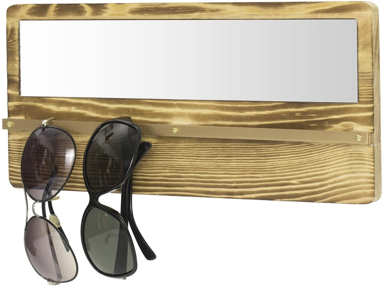 Burnt Wood Wall Mounted Sunglasses Holder Display with Brass Metal Hanging Rail and Vanity Mirror, Retail Eyewear Rack-MyGift
