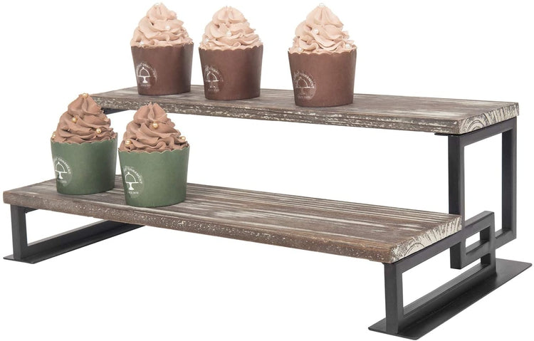 2-Tier Torched Wood and Metal Dessert Display Riser-MyGift