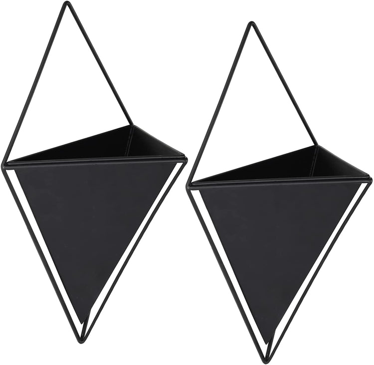 Set of 2, Wall Mounted Matte Black Sconce Style Planter Pots with Metal Triangular Frames-MyGift