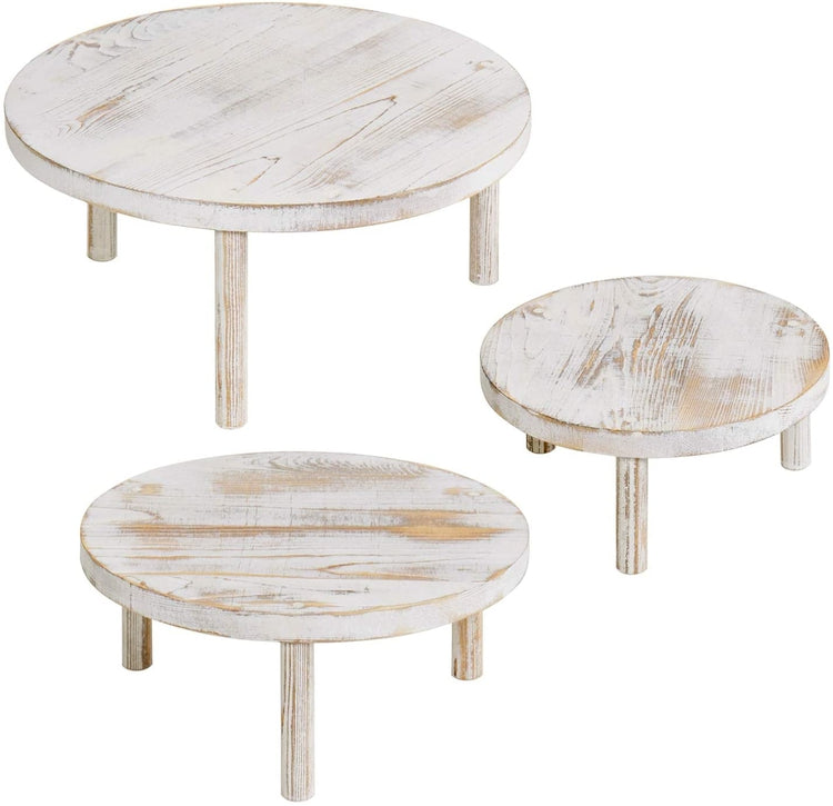 Set of 3 Round Whitewashed Wooden Cake Stand Display Risers-MyGift
