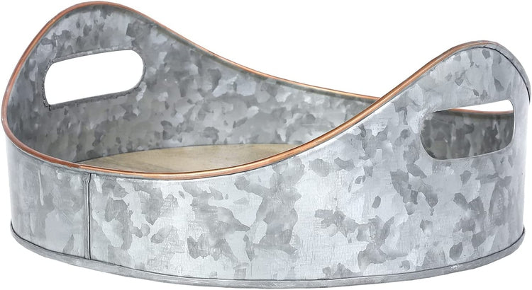 Silver Galvanized Metal Large Oval Serving Tray, Mango Wood Base and Brass Sloping Rim, Farmhouse Tray Decor-MyGift