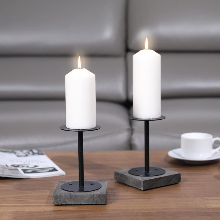 Set of 2, Candlestick Holder, Vintage Gray Wood and Metal Tabletop Pedestal Style Candle Stands-MyGift