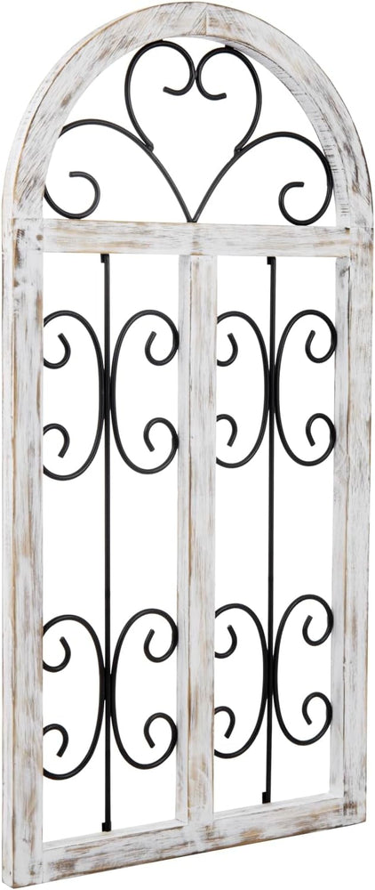 White Wood and Black Metal Scrollwork Arched Window Frame Wall Decoration, Hanging Distressed Wooden Panel-MyGift
