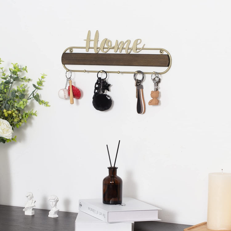 Wall Mounted Burnt Wood Key Rack Organizer with 6 Hooks and Brass Metal Frame with HOME Cursive Style Writing Design-MyGift