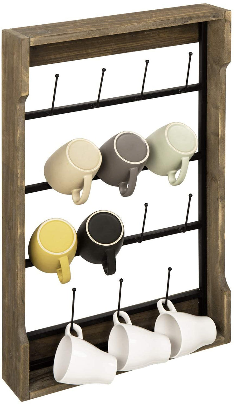 Brown Wood and Black Metal Wall Mounted Coffee Mug Rack and Display Sh –  MyGift