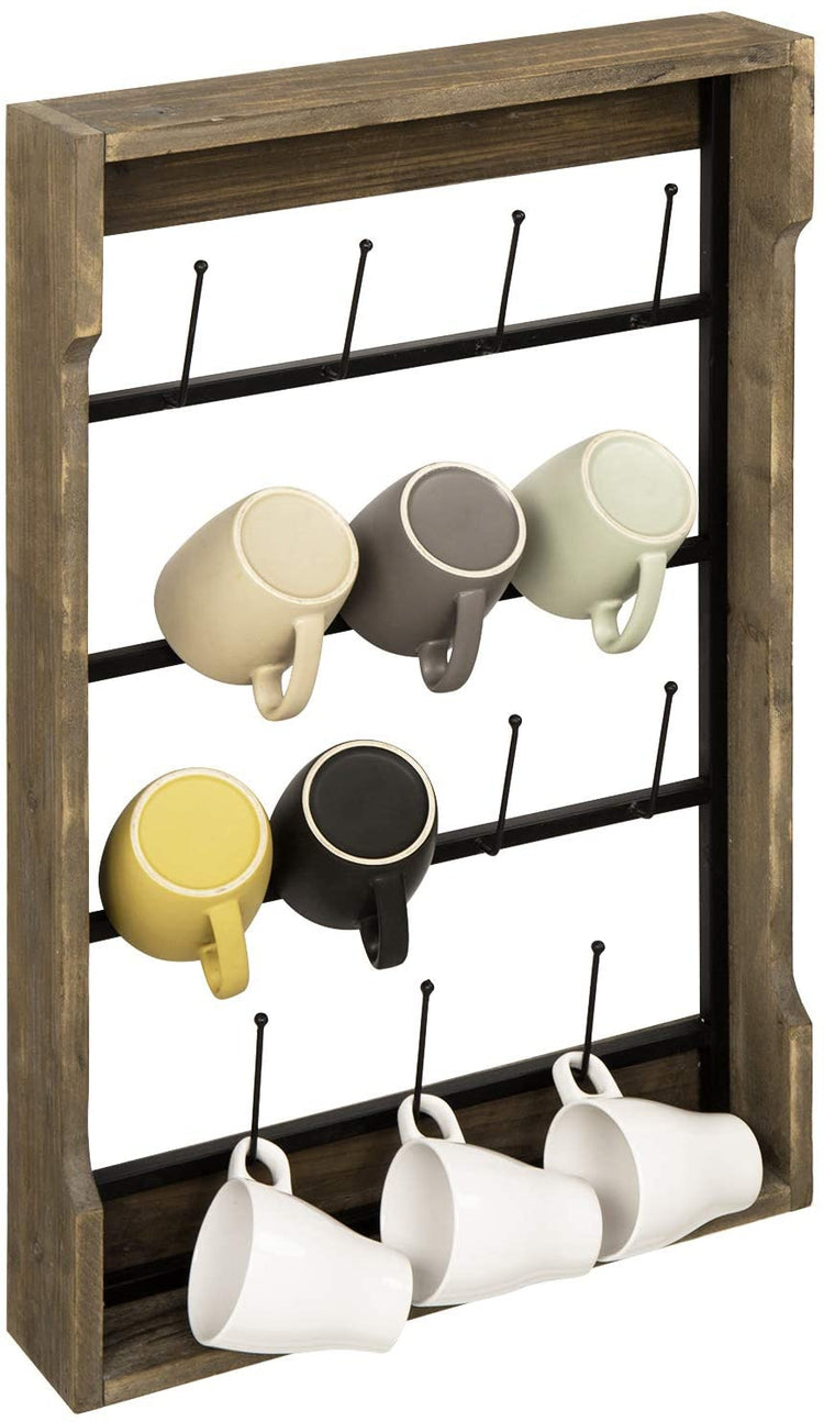 Round Mug Wall Rack Brown Wood and Black Metal Wall Mounted Coffee Mug Rack and Display Sh ...