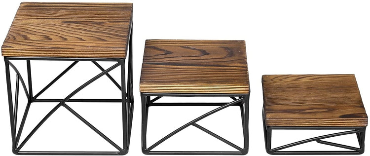 Set of 3, Square Dark Brown Wood and Black Metal Wire Nesting Dessert, Food Display Risers-MyGift