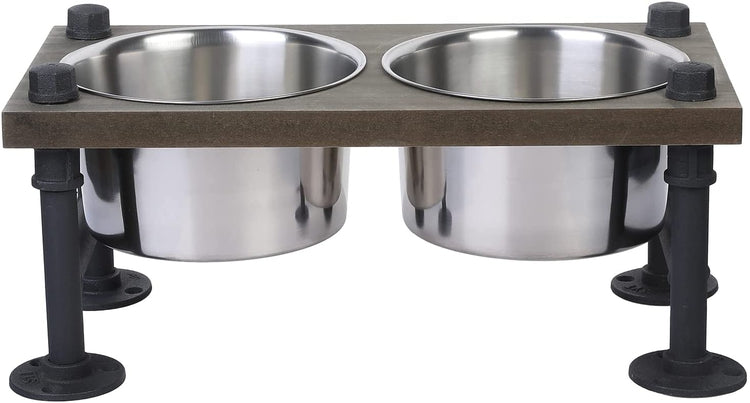Weathered Gray Wood Raised Dog Bowls for Medium Dogs, Pet Feeder Station with 2 Stainless Steel Bowls-MyGift