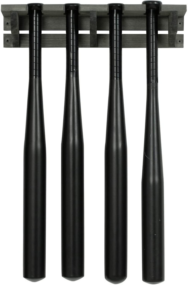 4 Slot Gray Wood Baseball Bat Holder Storage Wall Mounted Rack, Vertical Hanging Softball Bat Display Stand Organizer-MyGift