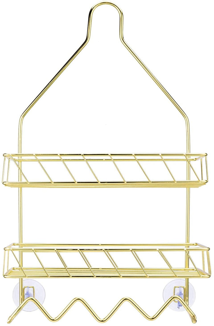 MyGift Brass Metal Wire Over The Door Hanging Bathroom Accessories Organizer Rack, 2 Tier Bath Storage Shelf with 4 Triangular Hooks