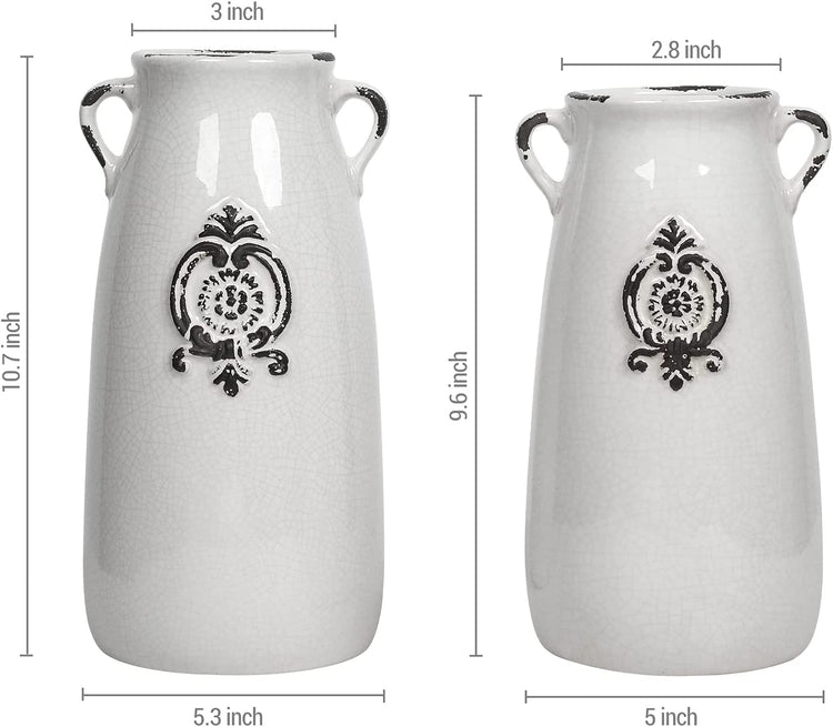 Set of 2, White Ceramic Flower Vase, Antique Farmhouse Milk Jug Décor-MyGift