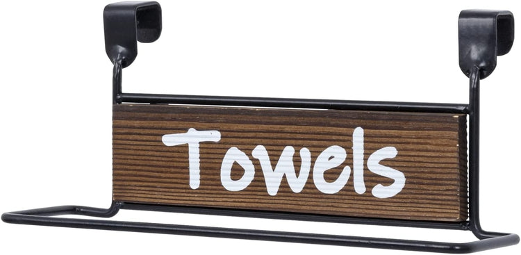 Burnt Wood and Industrial Black Metal Over Cabinet Door Hand Towel Bar Rack with Cursive Label-MyGift